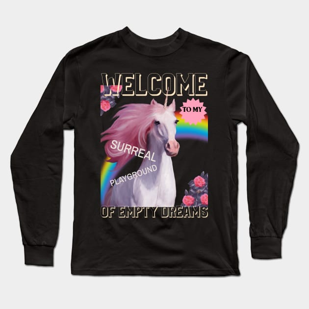 White Unicorn Horse Surreal Playground Empty Dreams Long Sleeve T-Shirt by TV Dinners